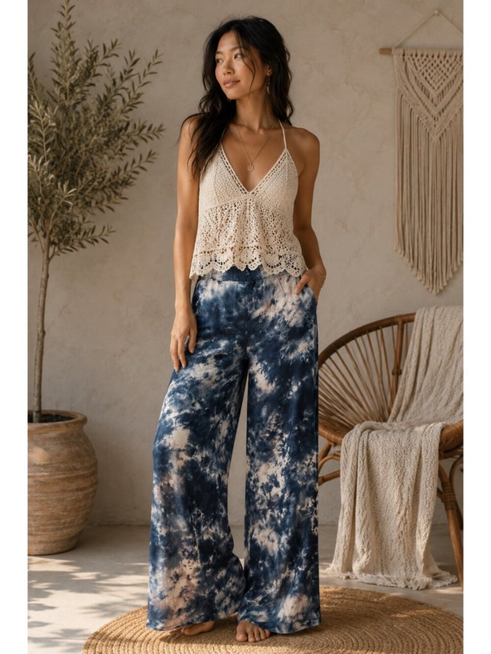 Young Fabulous & Broke Navy and Cream Tie-Dye Wide Leg Pants